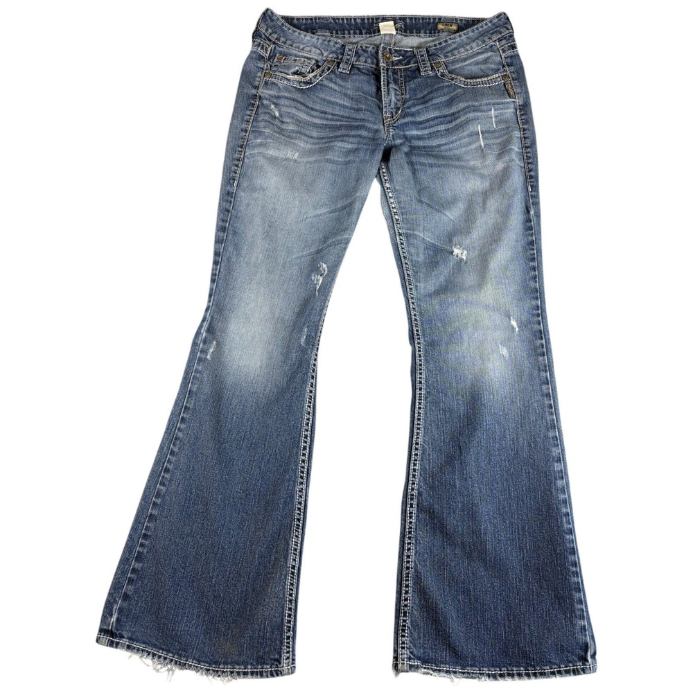 VTG Silver Jeans Co. Eden Flare Jeans Women 33x33 Blue Denim Distressed Mid Rise